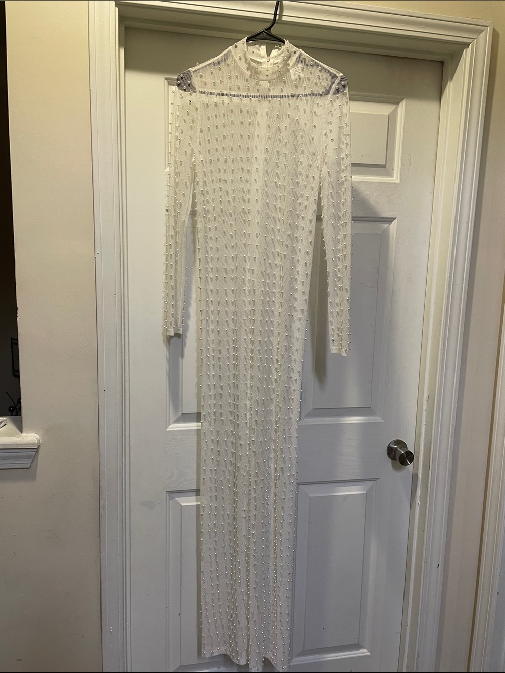 Ivory Sheer Beaded Long-Sleeve Maxi Dress size large 90%polyester 10% spandex